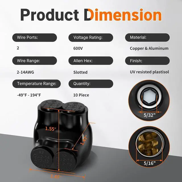 Alt view image 2 of 6 - Joinfworld 2 Port Insulated Multi Tap Connector 2-14AWG Aluminum to Copper Wire Connectors Single Side Entry Aluminum Black Electrical Cable Connectors with Slotted Allen Hex - 10 Pack