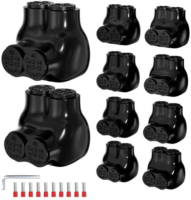 Main image of Joinfworld 2 Port Insulated Multi Tap Connector 2-14AWG Aluminum to Copper Wire Connectors Single Side Entry Aluminum Black Electrical Cable Connectors with Slotted Allen Hex - 10 Pack