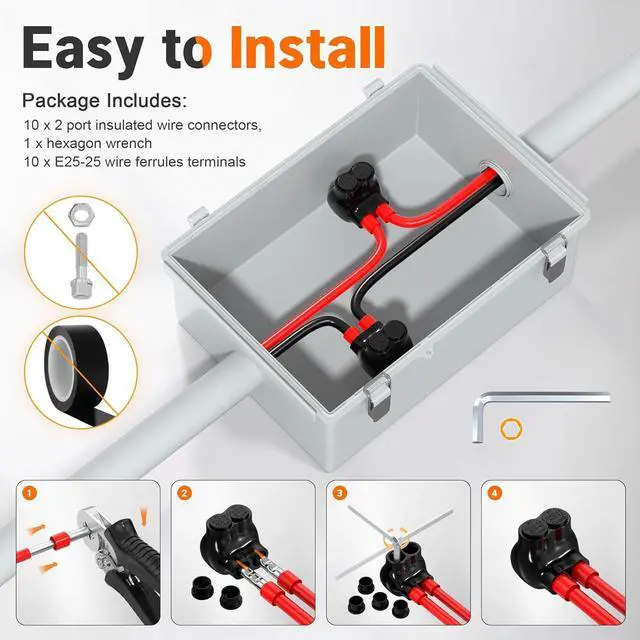 Alt view image 5 of 6 - Joinfworld 2 Port Insulated Multi Tap Connector 2-14AWG Aluminum to Copper Wire Connectors Single Side Entry Aluminum Black Electrical Cable Connectors with Slotted Allen Hex - 10 Pack