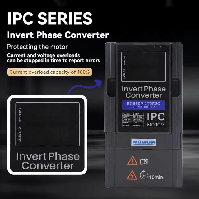 Alt view image 6 of 6 - Mollom 2.2KW 220V Single to 3 Phase Invert Phase Converter-3HP 9.6A Input/Output IPC for 3PH Motor