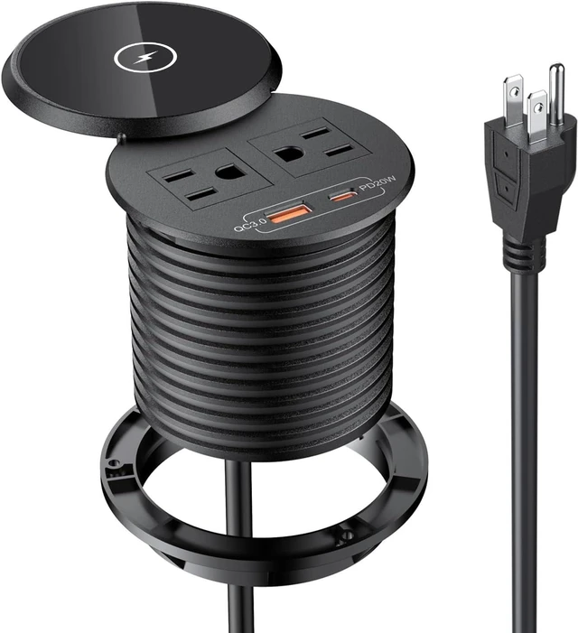 Main image of XBA PD 20W USB C Desk Power Grommet with 15W Wireless Charger Cover, Recessed Power Strip with 18W USB A and 2 AC Outlets,Hidden Power Outlets with 6FT Cords for Office, Home, Conference(Black)
