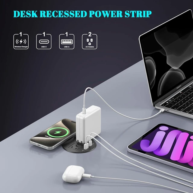 Alt view image 2 of 7 - XBA PD 20W USB C Desk Power Grommet with 15W Wireless Charger Cover, Recessed Power Strip with 18W USB A and 2 AC Outlets,Hidden Power Outlets with 6FT Cords for Office, Home, Conference(Black)