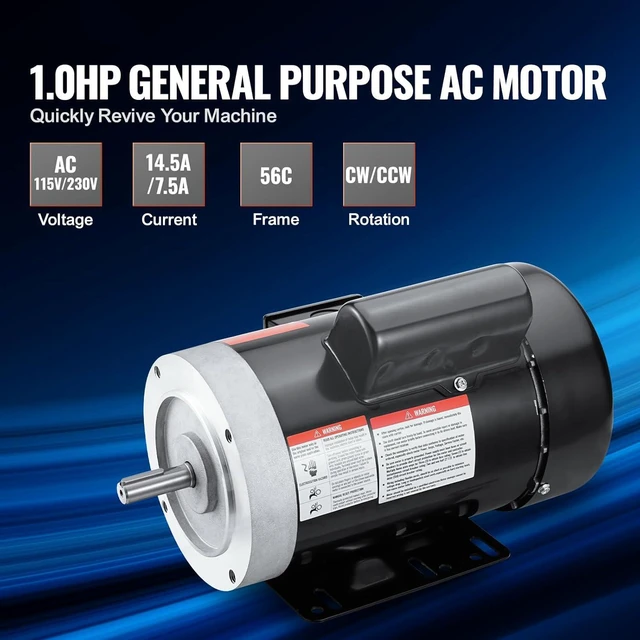 Alt view image 2 of 7 - 1HP Electric Motor 1725 RPM, AC 115V/230V, 56C Frame, Single-Phase Air Compressor Motor with 5/8" Keyed Shaft, CW/CCW Rotation for General Equipment and Agricultural Use
