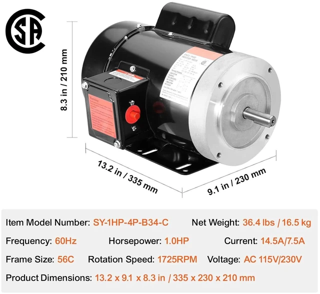 Alt view image 7 of 7 - 1HP Electric Motor 1725 RPM, AC 115V/230V, 56C Frame, Single-Phase Air Compressor Motor with 5/8" Keyed Shaft, CW/CCW Rotation for General Equipment and Agricultural Use