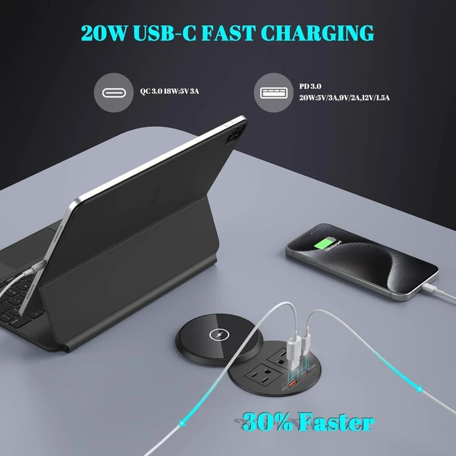 Alt view image 4 of 7 - XBA PD 20W USB C Desk Power Grommet with 15W Wireless Charger Cover, Recessed Power Strip with 18W USB A and 2 AC Outlets,Hidden Power Outlets with 6FT Cords for Office, Home, Conference(Black)