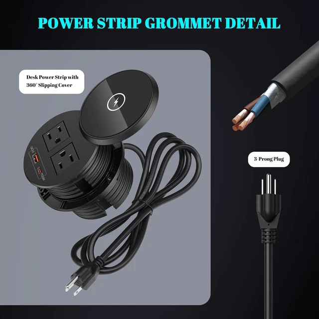 Alt view image 5 of 7 - XBA PD 20W USB C Desk Power Grommet with 15W Wireless Charger Cover, Recessed Power Strip with 18W USB A and 2 AC Outlets,Hidden Power Outlets with 6FT Cords for Office, Home, Conference(Black)