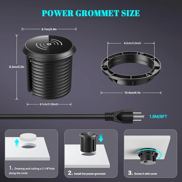 Alt view image 6 of 7 - XBA PD 20W USB C Desk Power Grommet with 15W Wireless Charger Cover, Recessed Power Strip with 18W USB A and 2 AC Outlets,Hidden Power Outlets with 6FT Cords for Office, Home, Conference(Black)