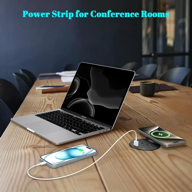Alt view image 7 of 7 - XBA PD 20W USB C Desk Power Grommet with 15W Wireless Charger Cover, Recessed Power Strip with 18W USB A and 2 AC Outlets,Hidden Power Outlets with 6FT Cords for Office, Home, Conference(Black)
