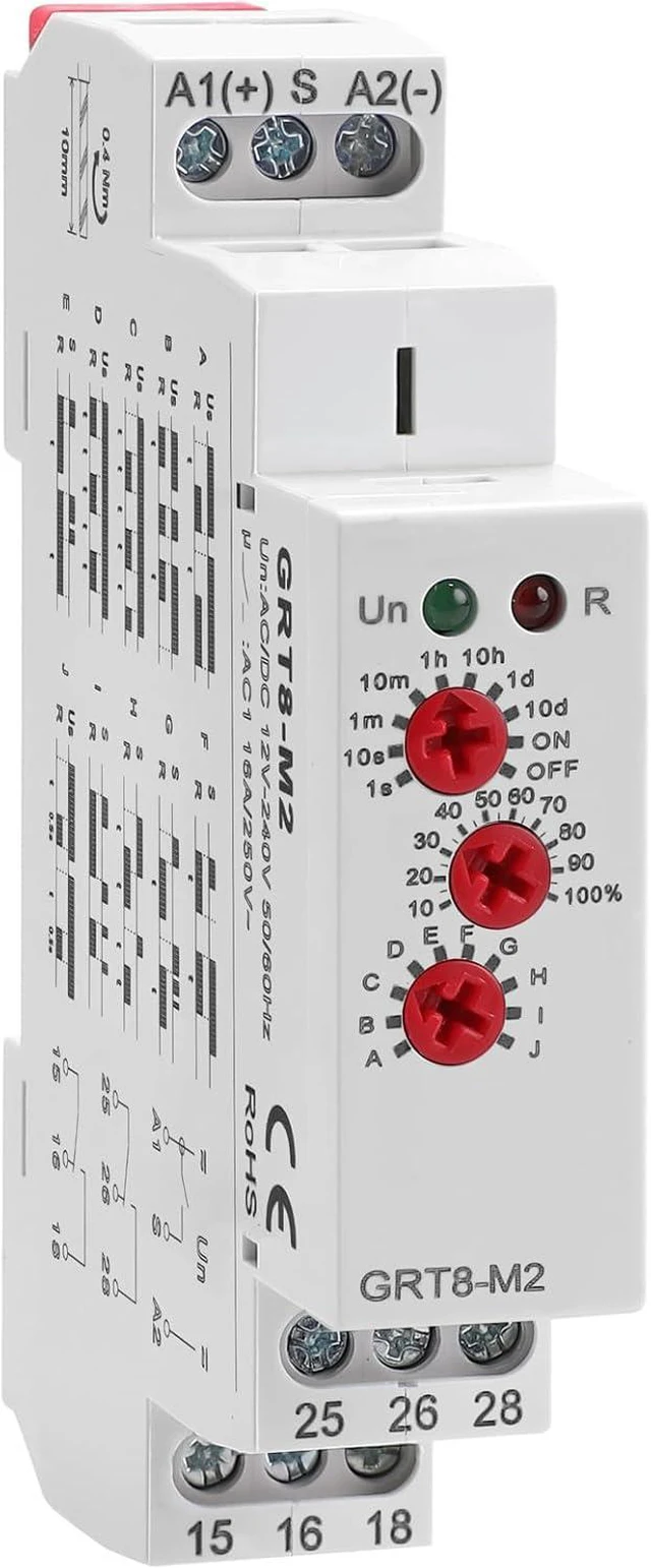 Main image of Multifunction Time Relay 2 Outputs 16A Adjustable Smart Relay 12V Electronic Timer in Din Rail,0.1s-10 Days Wide Range Delay On Off Factory Automation Universal Voltage GRT8 M2 AC DC 240V