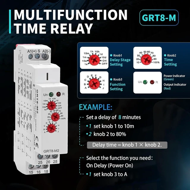 Alt view image 2 of 7 - Multifunction Time Relay 2 Outputs 16A Adjustable Smart Relay 12V Electronic Timer in Din Rail,0.1s-10 Days Wide Range Delay On Off Factory Automation Universal Voltage GRT8 M2 AC DC 240V