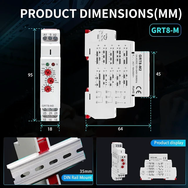 Alt view image 6 of 7 - Multifunction Time Relay 2 Outputs 16A Adjustable Smart Relay 12V Electronic Timer in Din Rail,0.1s-10 Days Wide Range Delay On Off Factory Automation Universal Voltage GRT8 M2 AC DC 240V
