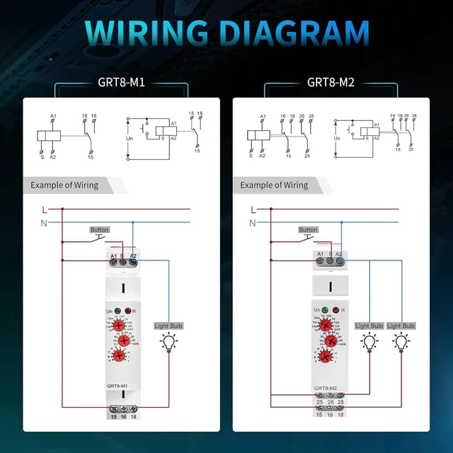 Alt view image 4 of 7 - Multifunction Time Relay 2 Outputs 16A Adjustable Smart Relay 12V Electronic Timer in Din Rail,0.1s-10 Days Wide Range Delay On Off Factory Automation Universal Voltage GRT8 M2 AC DC 240V