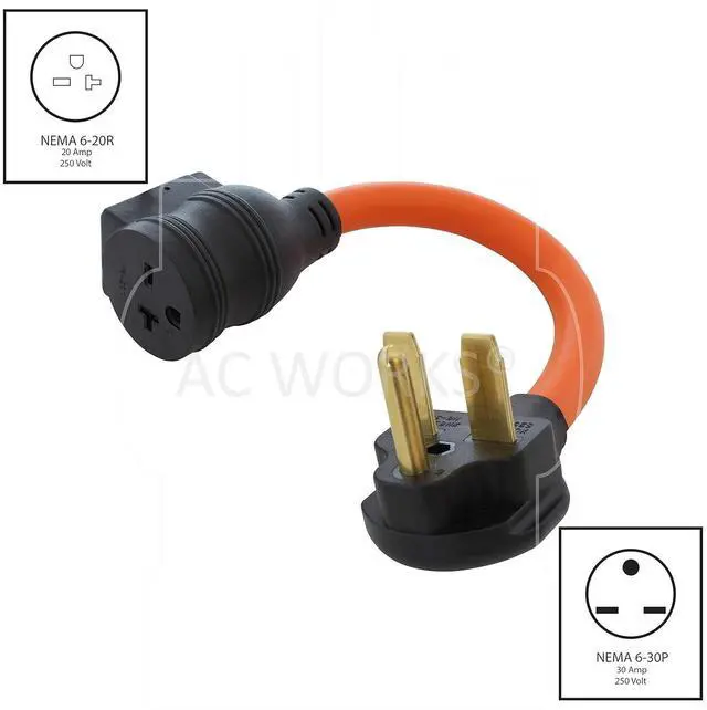 Alt view image 2 of 7 - AC WORKS 30A 250V 3-Prong 6-30P Plug to 6-15/20 20A 250V HVAC/Power tools/EV charging Adapter (Flexible W/ 20A Breaker)