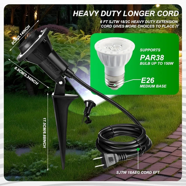 Alt view image 3 of 6 - 2 Pack Christmas Spotlight Outdoor Floodlight Holder Plug in Fixture Stake 120 V Listed Spotlight Outdoor Light Socket 6FT Power Cord E26 Base Adjustable Head 38 Bulb Yard