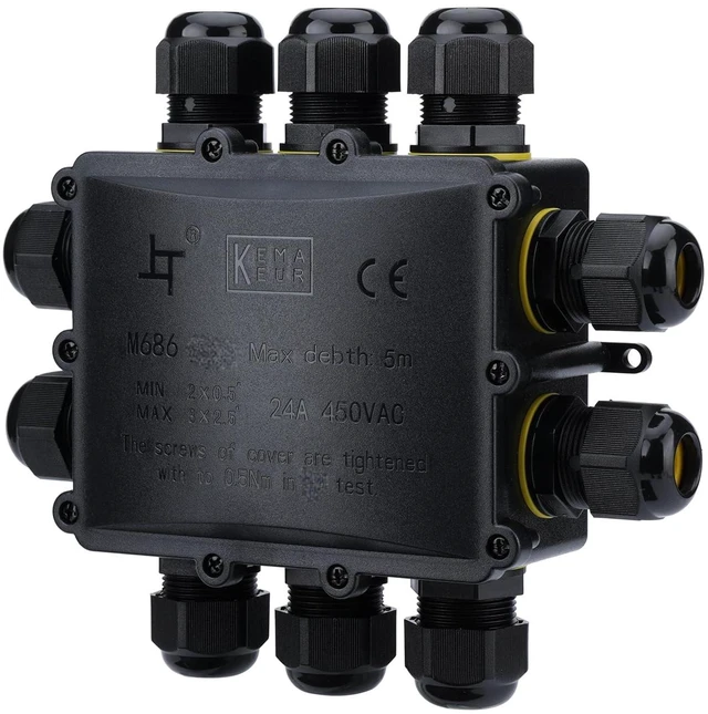 Main image of IP68 Waterproof Junction Box Outdoor 10Way 10 Cable M25 Gland Wire Connector, Extension Electrical Cable Protector for Diameter Cable Ø4-14mm Black 1Pack