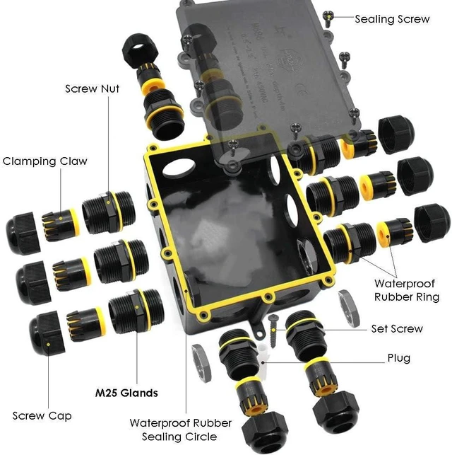 Alt view image 3 of 7 - IP68 Waterproof Junction Box Outdoor 10Way 10 Cable M25 Gland Wire Connector, Extension Electrical Cable Protector for Diameter Cable Ø4-14mm Black 1Pack