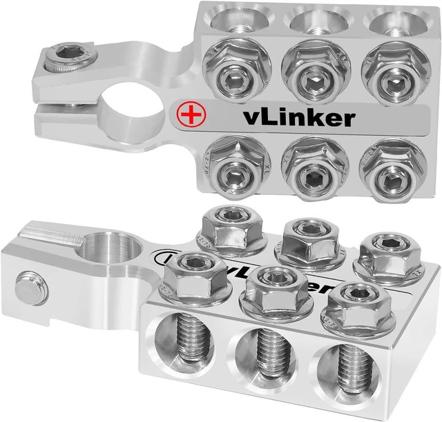 Main image of VGATE vLinker Lead Acid Battery Terminal Clamps, 8AWG up to 4/0(XL) AWG Gauge, 12-Way Connectors, 6061 Aluminum Battery Terminal Positive and Negative (+/-)(Pair) for SAE/DIN/EN Tapered Top Post