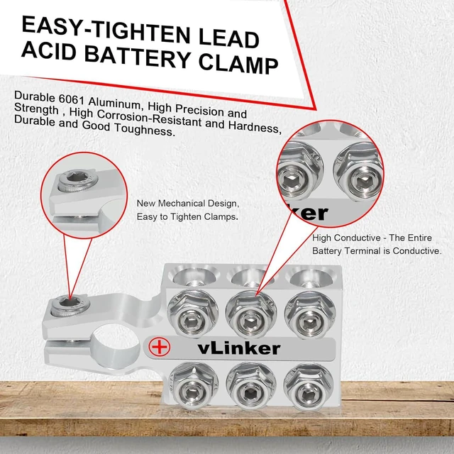 Alt view image 3 of 7 - VGATE vLinker Lead Acid Battery Terminal Clamps, 8AWG up to 4/0(XL) AWG Gauge, 12-Way Connectors, 6061 Aluminum Battery Terminal Positive and Negative (+/-)(Pair) for SAE/DIN/EN Tapered Top Post