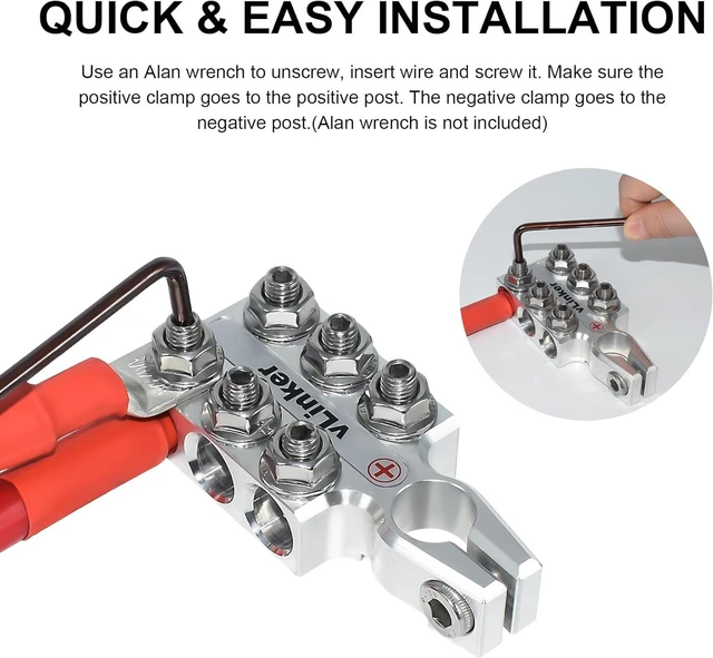 Alt view image 4 of 7 - VGATE vLinker Lead Acid Battery Terminal Clamps, 8AWG up to 4/0(XL) AWG Gauge, 12-Way Connectors, 6061 Aluminum Battery Terminal Positive and Negative (+/-)(Pair) for SAE/DIN/EN Tapered Top Post