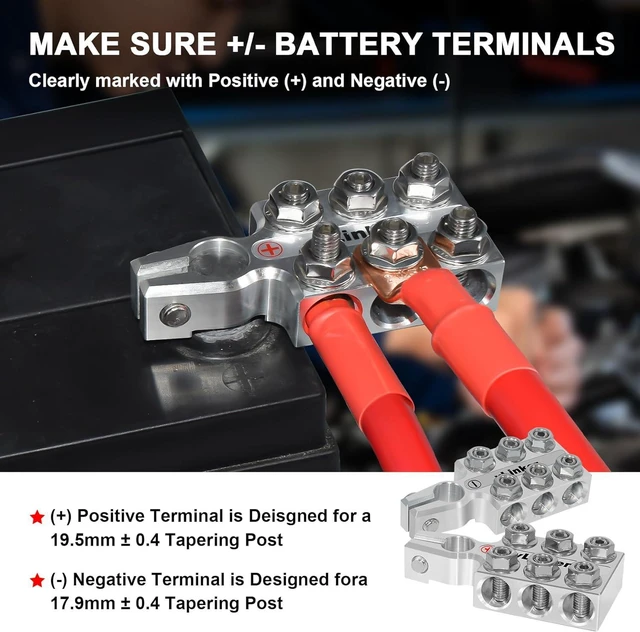 Alt view image 5 of 7 - VGATE vLinker Lead Acid Battery Terminal Clamps, 8AWG up to 4/0(XL) AWG Gauge, 12-Way Connectors, 6061 Aluminum Battery Terminal Positive and Negative (+/-)(Pair) for SAE/DIN/EN Tapered Top Post