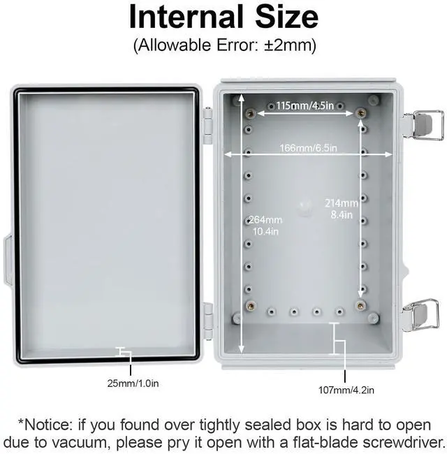Alt view image 2 of 7 - Junction Box,IP67 Waterproof Electrical Box Hinged Shell,Electrical Enclosure with Stainless Steel Latch,Terminal Box with Mounting Plate,Wire Connectors,Electrical Tapes,11.4"x7.5"x5.5"