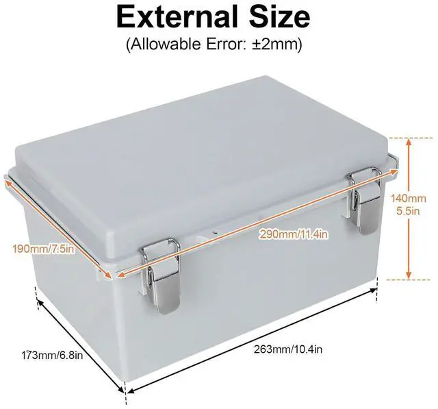 Alt view image 3 of 7 - Junction Box,IP67 Waterproof Electrical Box Hinged Shell,Electrical Enclosure with Stainless Steel Latch,Terminal Box with Mounting Plate,Wire Connectors,Electrical Tapes,11.4"x7.5"x5.5"
