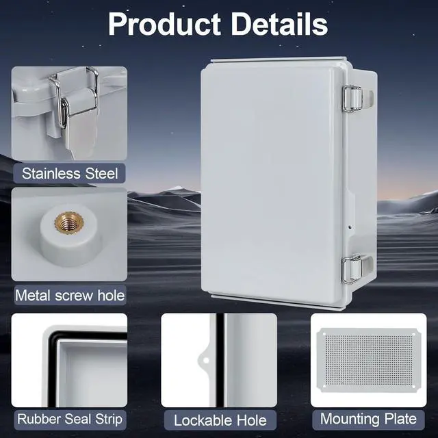 Alt view image 6 of 7 - Junction Box,IP67 Waterproof Electrical Box Hinged Shell,Electrical Enclosure with Stainless Steel Latch,Terminal Box with Mounting Plate,Wire Connectors,Electrical Tapes,11.4"x7.5"x5.5"