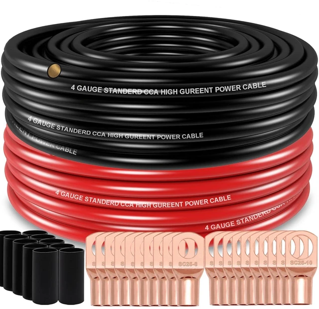 Main image of 50FT 4Gauge Wire (25ft Each- Black/Red) Copper Clad Aluminum CAA,with 4ga lugs, and Heat Shrink Tube, Car Amplifier Power & Ground Cable