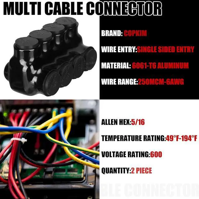 Alt view image 2 of 7 - 2 Pcs 4 Port Wire Connector, Multi Cable Connector, 6 Awg-250kcmil Insulated Multi Tap Connectors Black Single Sided Entry, Pre Filled with Oxide Inhibitor(4AWG-500kcmil)