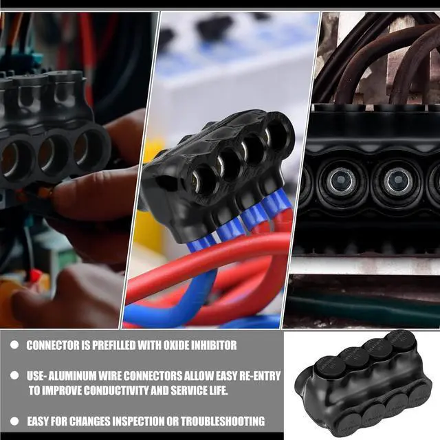 Alt view image 6 of 7 - 2 Pcs 4 Port Wire Connector, Multi Cable Connector, 6 Awg-250kcmil Insulated Multi Tap Connectors Black Single Sided Entry, Pre Filled with Oxide Inhibitor(4AWG-500kcmil)
