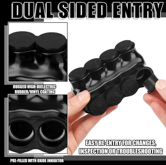 Alt view image 4 of 7 - 2 Pcs 4 Port Wire Connector, Multi Cable Connector, 6 Awg-250kcmil Insulated Multi Tap Connectors Black Single Sided Entry, Pre Filled with Oxide Inhibitor(4AWG-500kcmil)