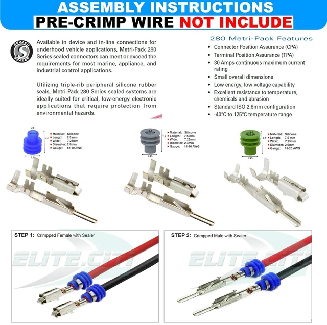 Alt view image 4 of 4 - 340pcs (Male, Female Terminals, Cavity, Sealer) Metri-Pack 280 Series 30 Amp, Weatherproof Electrical Kit 10-20 AWG