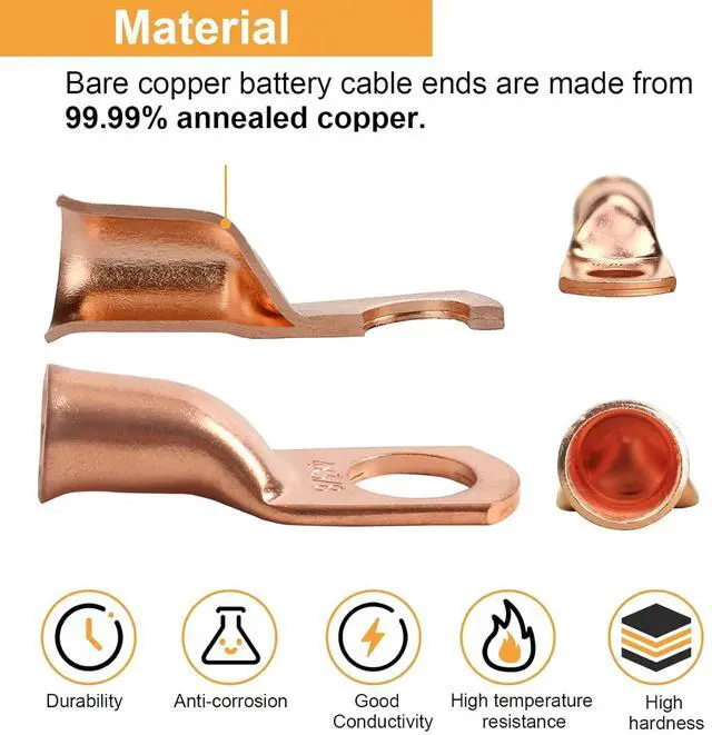 Alt view image 3 of 6 - 2/0 AWG 3/8" Stud (25 pcs.), Heavy Duty Copper Wire Lugs 00 Gauge Ring Terminal 2/0 Copper Wire Lugs Battery Cable Ends