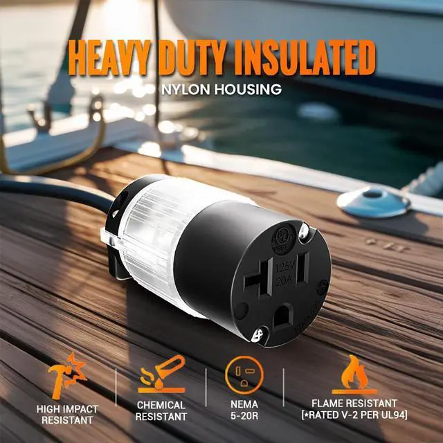 Alt view image 2 of 6 - Journeyman-Pro - 520CV-LIT 20 Amp 120-125V NEMA 5-20R Lighted Female Plug End Replacement, 2-Pole 3-Wire Straight Blade Heavy Duty Extension Cord Connector, Commercial Grade PVC (Black LIT, 10-Pack)