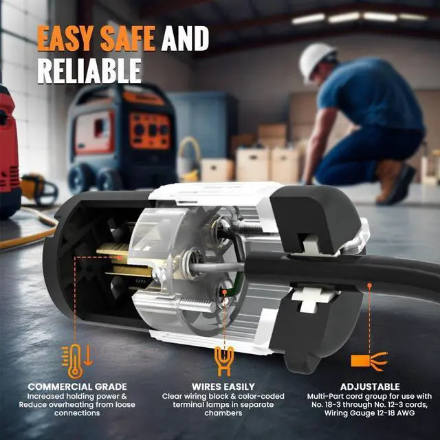 Alt view image 3 of 6 - Journeyman-Pro - 520CV-LIT 20 Amp 120-125V NEMA 5-20R Lighted Female Plug End Replacement, 2-Pole 3-Wire Straight Blade Heavy Duty Extension Cord Connector, Commercial Grade PVC (Black LIT, 10-Pack)