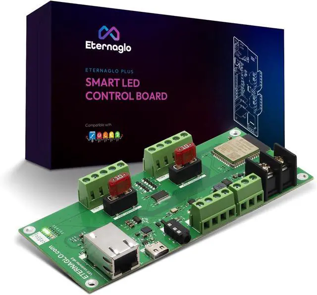 Main image of WLED Controller - Eternaglo Plus ESP32 5V-24V LED Control Board With 6 LED Outputs, Ethernet, and Aux Input for Sound Reactive Effects - WLED Pre-Installed and Pre-Configured
