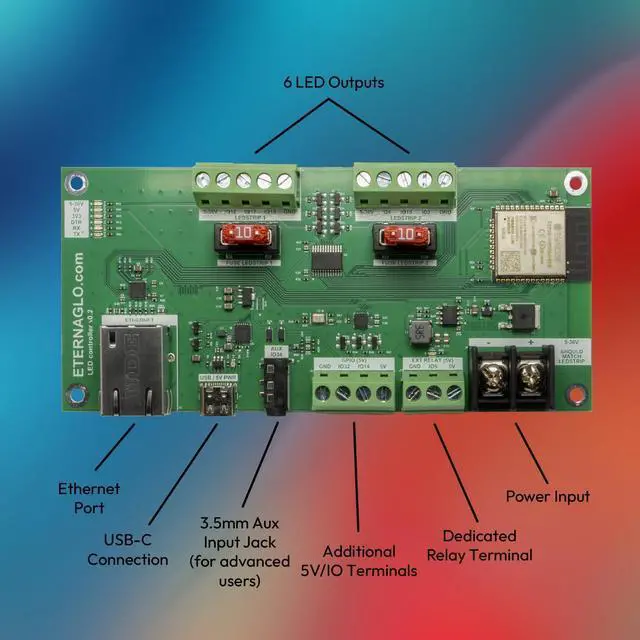 Alt view image 2 of 6 - WLED Controller - Eternaglo Plus ESP32 5V-24V LED Control Board With 6 LED Outputs, Ethernet, and Aux Input for Sound Reactive Effects - WLED Pre-Installed and Pre-Configured