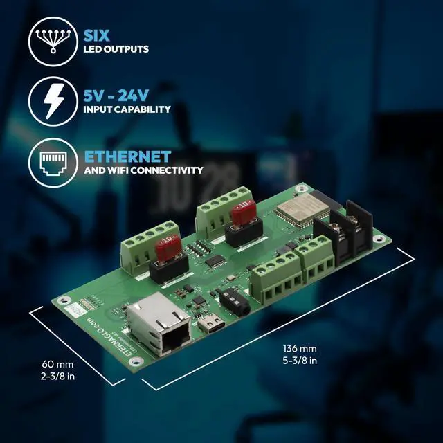 Alt view image 3 of 6 - WLED Controller - Eternaglo Plus ESP32 5V-24V LED Control Board With 6 LED Outputs, Ethernet, and Aux Input for Sound Reactive Effects - WLED Pre-Installed and Pre-Configured