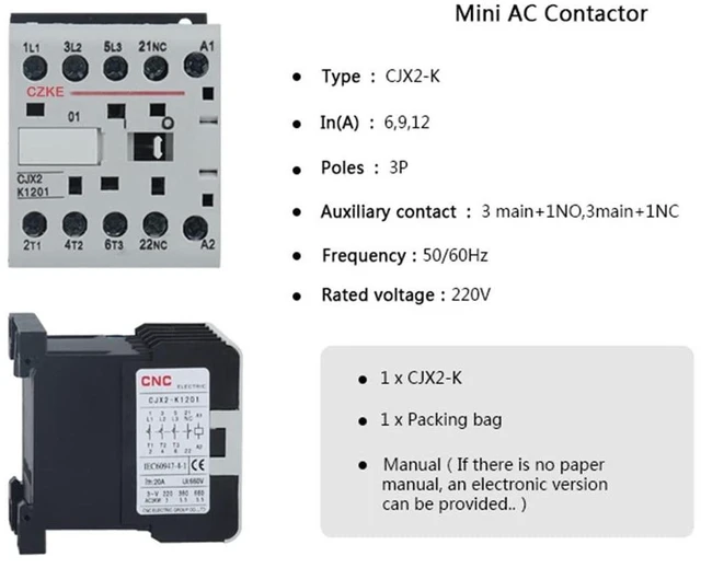Alt view image 7 of 7 - CJX2-K Mini AC Contactor Din Rail 3P 3main 1NO/3main 1NC Coil Voltage 220V 50/60Hz 6A 9A 12A(CJX2-K-0910,12A)
