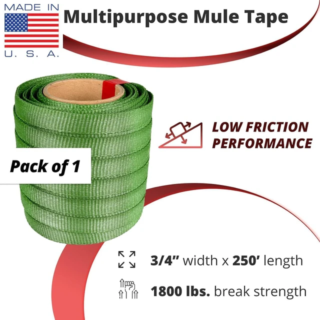 Alt view image 2 of 6 - Green Mule Tape 3/4" x 250', 1800 lbs Break Strength - Heavy Duty UV- & Moisture-Resistant Pull Tape - Unmarked Woven Polyester Webbing Flat Rope for Pulling Wires, Camping, Home Use by IDL Packaging