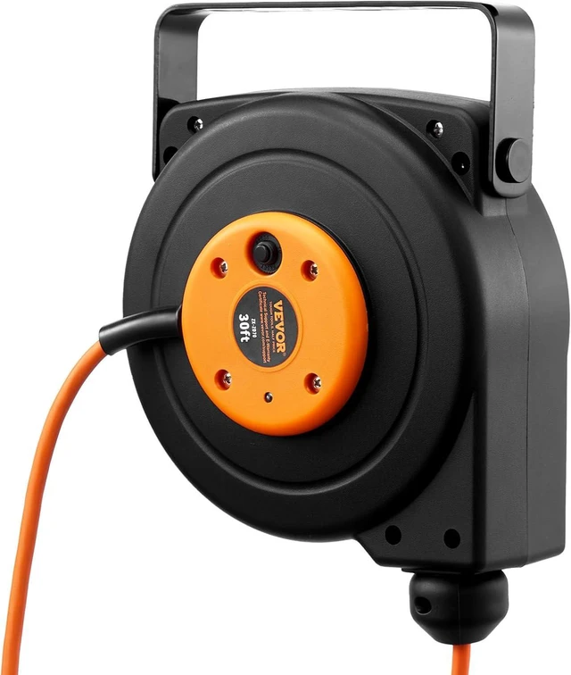 Main image of Retractable Extension Cord Reel, 30 FT, Durable 16AWG/3C SJTOW Power Cable, with Illuminated Triple Outlet and 10 Amp Circuit Breaker, Suitable for Wall or Ceiling Mount in Garages and Workshops