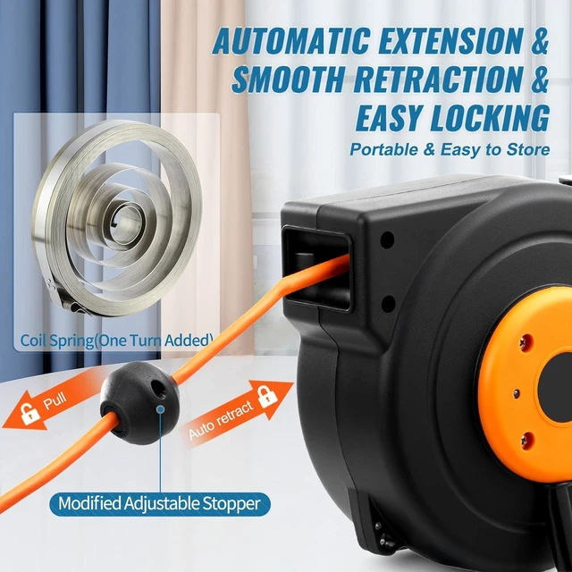 Alt view image 5 of 7 - Retractable Extension Cord Reel, 30 FT, Durable 16AWG/3C SJTOW Power Cable, with Illuminated Triple Outlet and 10 Amp Circuit Breaker, Suitable for Wall or Ceiling Mount in Garages and Workshops