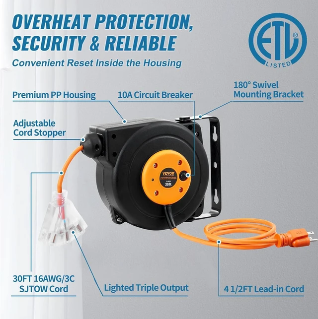 Alt view image 3 of 7 - Retractable Extension Cord Reel, 30 FT, Durable 16AWG/3C SJTOW Power Cable, with Illuminated Triple Outlet and 10 Amp Circuit Breaker, Suitable for Wall or Ceiling Mount in Garages and Workshops