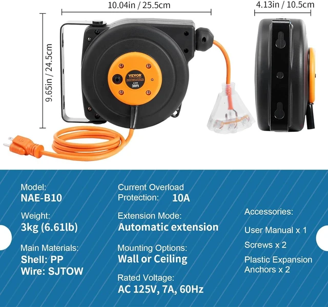 Alt view image 7 of 7 - Retractable Extension Cord Reel, 30 FT, Durable 16AWG/3C SJTOW Power Cable, with Illuminated Triple Outlet and 10 Amp Circuit Breaker, Suitable for Wall or Ceiling Mount in Garages and Workshops