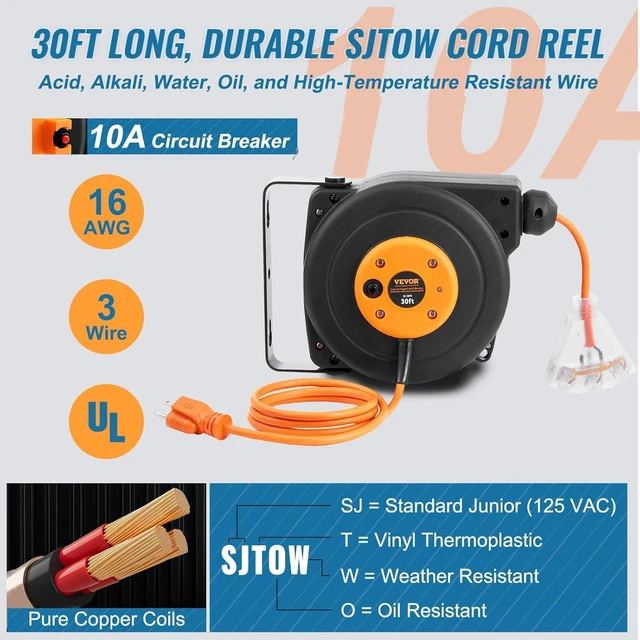 Alt view image 4 of 7 - Retractable Extension Cord Reel, 30 FT, Durable 16AWG/3C SJTOW Power Cable, with Illuminated Triple Outlet and 10 Amp Circuit Breaker, Suitable for Wall or Ceiling Mount in Garages and Workshops