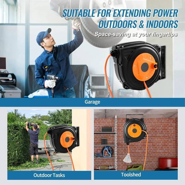 Alt view image 6 of 7 - Retractable Extension Cord Reel, 30 FT, Durable 16AWG/3C SJTOW Power Cable, with Illuminated Triple Outlet and 10 Amp Circuit Breaker, Suitable for Wall or Ceiling Mount in Garages and Workshops