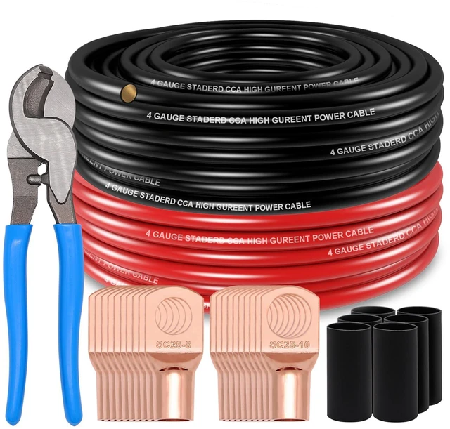 Main image of 50FT 4 Gauge Wire (25ft Each- Black/Red) Copper Clad Aluminum CAA- Primary Automotive Wire Power/Ground, with Lugs Terminal Connectors + Heat Shrink Tube with 10" Cable Cutter