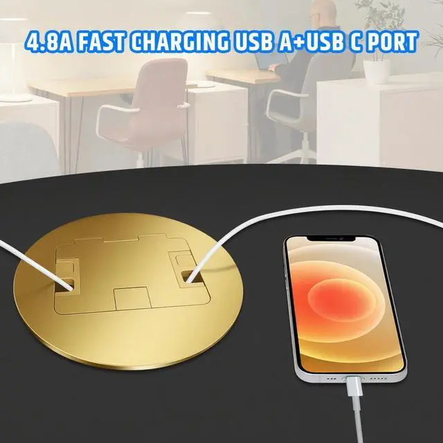 Alt view image 2 of 6 - Floor Outlet Recessed Floor Outlet Box Fast Charging 4.8A USB A+Type C Port 20 Amp Receptacle Kit - 2 Pack (Gold)