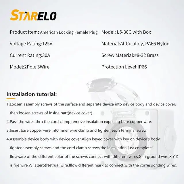 Alt view image 2 of 7 - STARELO 30 Amp Locking Female Plug Box NEMA L5-30C Generator Twist Lock Adapter Female Connector,125 Volt,Outdoor dustproof and Weatherproof for generators, Welding Machines, etc.ETL Listed.