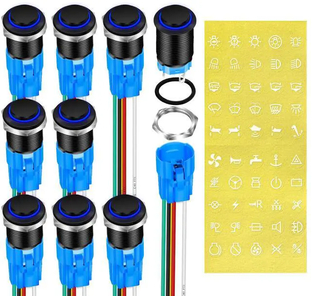 Main image of DaierTek 12 Volt Momentary Push Button Switch Waterproof Blue LED Light 12V Illuminated 16mm Metal Black Power Start Pushbutton -9 Pack